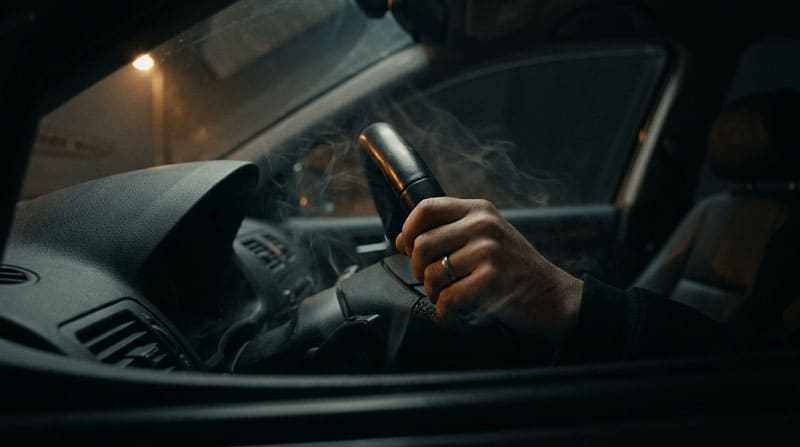 Пары бензина в тёмном салоне автомобиля за рулём