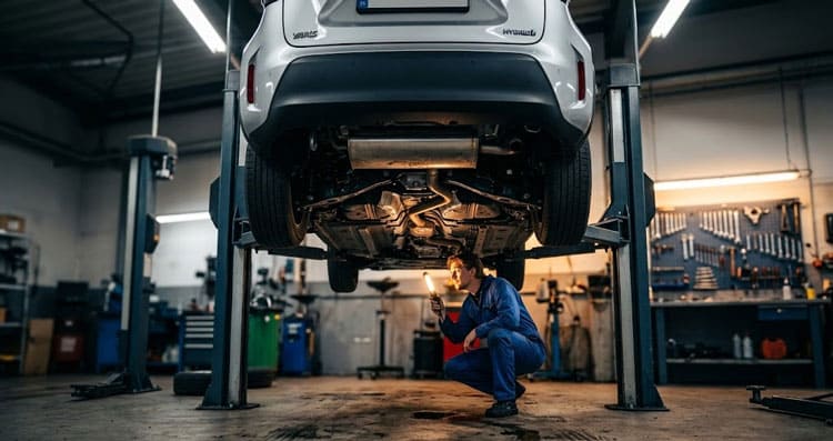 Toyota Yaris Cross 1.5 Hybrid, поднятая на гидравлическом подъемнике в мастерской