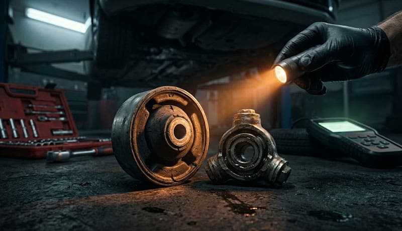 изношенная резиновая втулка опоры двигателя и триножника шарнира равных угловых скоростей от автомобиля Skoda Rapid