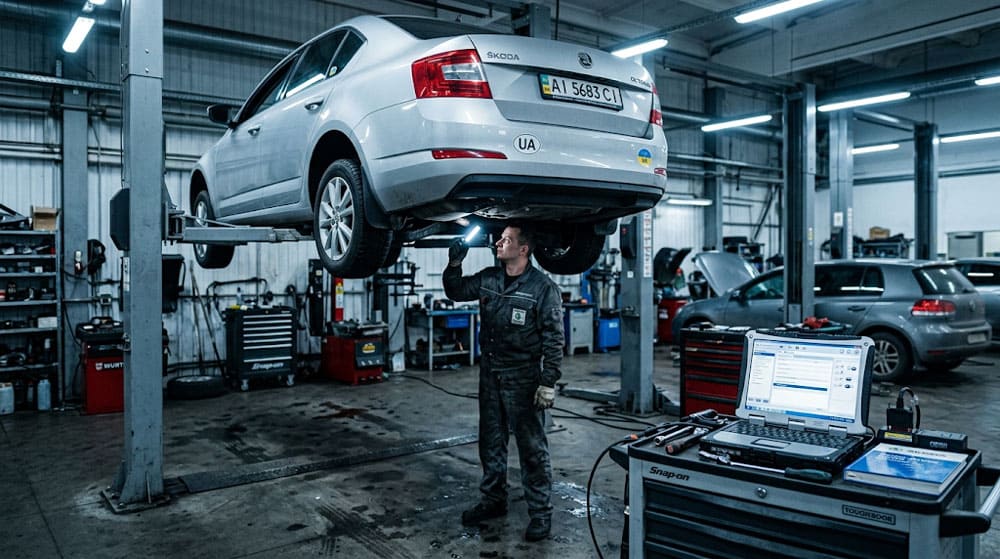 Диагностика автомобиля Skoda на подъёмнике в сервисе